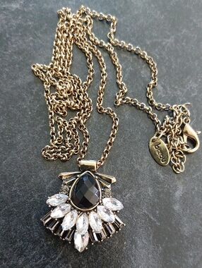 Bizou 30" Long Necklace Black Clear Rhinestone Pendant Goldtone
